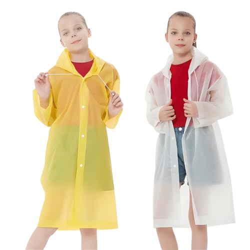 ZOPJUMA 2 Stück Kinder Regenponcho Wasserdicht Wiederverwendbar Atmungsaktiv Unisex EVA Regencape für Mädchen und Jungen, Gelb-Weiß, 90 cm, Sommer, Familien mit Kindern von ZOPJUMA