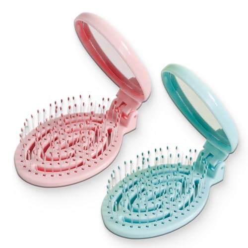 ZOPJUMA 2er Pack Faltbare Haarbürsten mit Reise Spiegel Runde Tragbare Faltbare Tasche Haarbürste Mini Haarkamm Kompakt Reisegröße Haarmassagekamm für Männer Frauen und Mädchen von ZOPJUMA