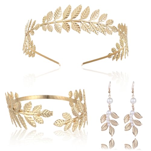 ZOPJUMA 3 STÜCKE Griechische Göttin Blatt Stirnband Für Die Braut, Perlengold-Blatt-Ohrringe,Blatt-Armbänder,Krone Braut Kopfschmuck Hochzeit Haarband,Für Frauen Tiara Kostüm Haarschmuck von ZOPJUMA
