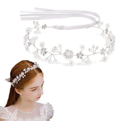 ZOPJUMA Haarreifen Mädchen Blumenmädchen Haarband Weiß Haarreif Kopfbedeckung Prinzessin Blume Perle Krone Kristall Braut Hochzeit Haarschmuck Blumenmädchen Blumenkranz Haare Damen(C) von ZOPJUMA