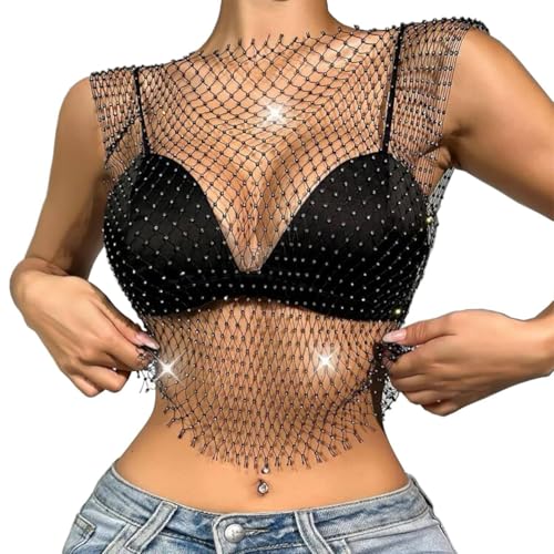 ZOPJUMA Kristall Mesh Top schwarz Funkelnde Strasssteine Netz Aushöhlung Tank Top Halloween Zubehör Festival Kostüm Halloween, Weihnachten Party Rave Outfit für Frauen und Mädchen von ZOPJUMA