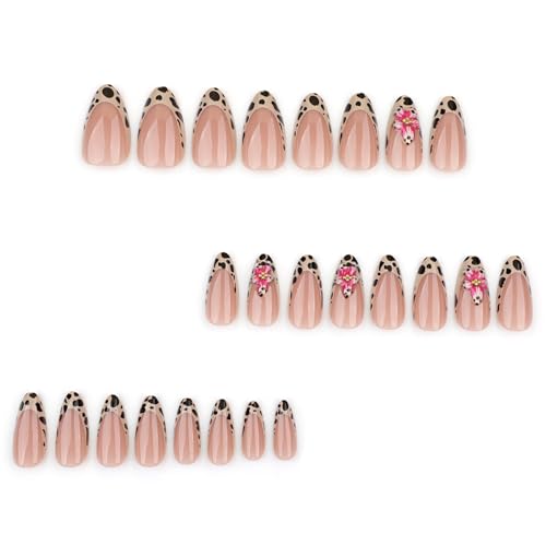 Künstliche Fingernägel, kurze Mandel, Leopardenmuster, französische Spitze, zum Aufkleben, Blumenmuster, für Damen, modische Nageldekoration von ZORESCOLEO