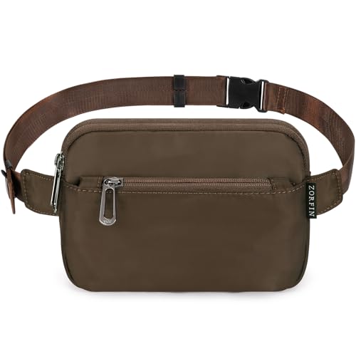 ZORFIN Bauchtaschen für Damen und Herren, Gürteltasche mit 4 Reißverschlusstaschen, modische Hüfttaschen, leichte Umhängetasche mit verstellbarem Riemen für Workout/Laufen/Wandern, Kaffee, grauer von ZORFIN