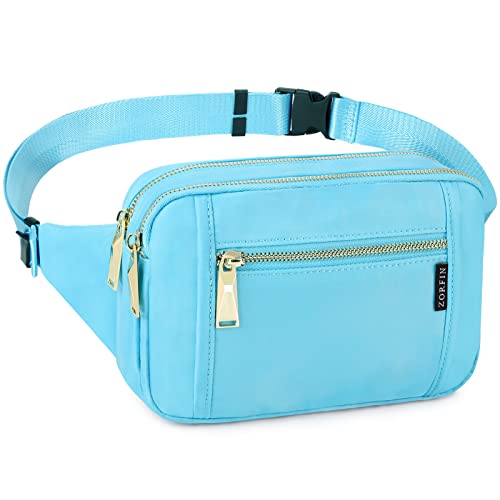 ZORFIN Bauchtaschen für Damen und Herren, modische Gürteltasche mit 5 Reißverschlusstaschen, verstellbarer Gürtel, lässige Hüfttasche für Reisen, Einkaufen, Wandern, Nylon Steel Blue, Medium von ZORFIN