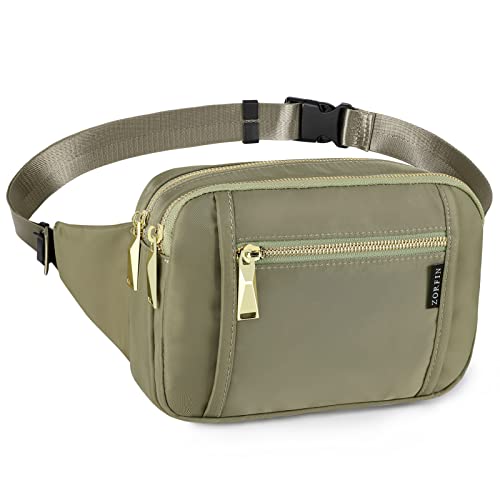 ZORFIN Bauchtaschen für Damen und Herren, modische Gürteltasche mit 5 Reißverschlusstaschen, verstellbarer Gürtel, lässige Hüfttasche für Reisen, Einkaufen, Wandern, Radfahren, Khaki-Grün, Medium von ZORFIN