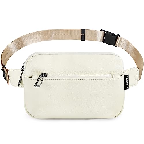 ZORFIN Bauchtaschen für Damen und Herren, modische Gürteltasche mit verstellbarem Riemen für Outdoor, Workout, Reisen, Freizeit, Laufen, Wandern, Radfahren, PU, beige, grauer Reißverschluss, Medium von ZORFIN