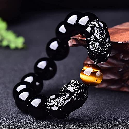 Perlenarmbänder, Schutzarmbänder for Männer und Frauen, Doppel-Pixiu/Piyao, runde Perlen, Armband aus natürlichem schwarzem Obsidian, Tigerauge, verstellbar, Feng Shui, Wealth Ward Spirits for Frauen von ZORILO