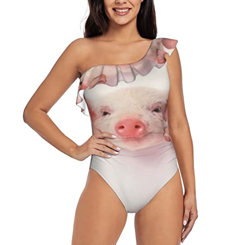 Einteiliger Badeanzug für Damen mit Rüschen, eine Schulter, Bauchkontrolle, Badeanzug, Tier, rosa Schwein, asymmetrisch, Volant, kurvige Bademode, Schwarz , 52 Einteiliger Badeanzug für Damen mit Rüschen, eine Schulter, Bauchkontrolle, Badeanzug, Tier, rosa Schwein, asymmetrisch, Volant, kurvige Bademode, Schwarz , 52 von ZORIN