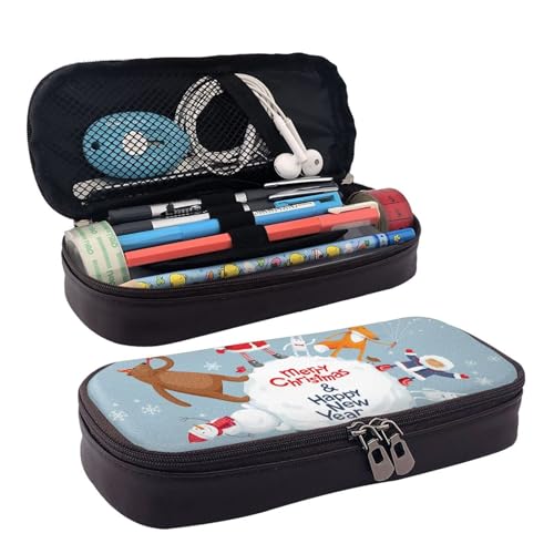 Federmäppchen aus Leder, Motiv: Frohe Weihnachten, Planet, Reißverschlussfächer, Federmäppchen, Aufbewahrungstasche von ZORIN