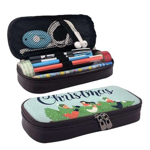 Federmäppchen aus Leder, Motiv: Frohe Weihnachten und Kiefernbaum, Reißverschlussfächer, Federmäppchen, Aufbewahrungstasche von ZORIN
