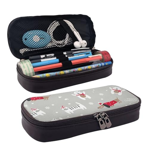 Leder-Federmäppchen, niedliche Weihnachts-Katzen, Hunde, Reißverschlussfächer, Federmäppchen, Aufbewahrungstasche von ZORIN