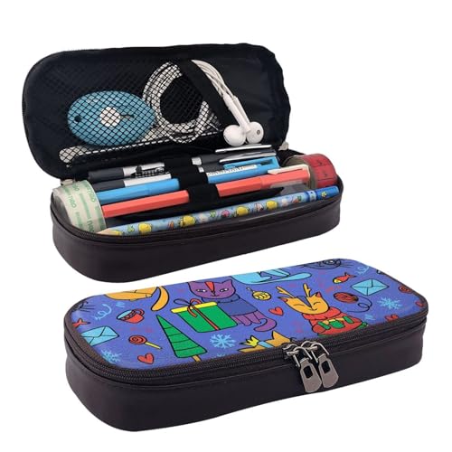 Leder Federmäppchen Weihnachten Katze Hirsch Fisch Reißverschluss Fächer Federmäppchen Stifteetui Aufbewahrungstasche von ZORIN