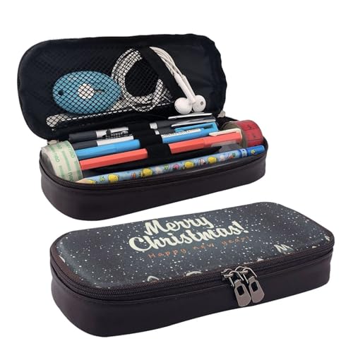 Leder Federmäppchen Weihnachten Stadt Schnee Reißverschluss Fächer Federmäppchen Stifteetui Aufbewahrungstasche von ZORIN