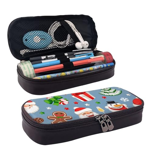 Leder-Federmäppchen Weihnachten Stechpalme Beere Weihnachtsmann Reißverschlussfächer Federmäppchen Stifteetui Aufbewahrungstasche von ZORIN