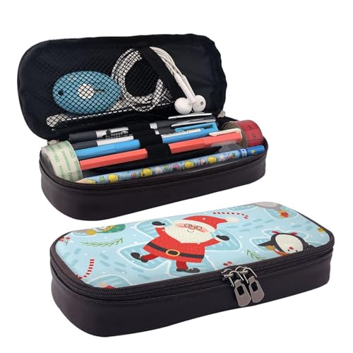 Leder Federmäppchen Weihnachten Weihnachtsmann Hirsch Elfe Reißverschluss Fächer Federmäppchen Stifteetui Aufbewahrungstasche von ZORIN