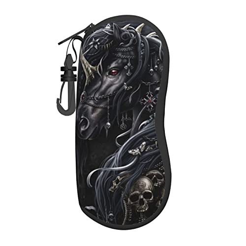 Sonnenbrillen-Etui mit Gürtelclip, tragbares Brillenetui, schwarzes Pferd mit Horn, Totenkopf, Neopren, Reißverschluss, Brillentasche für Damen und Herren, Schwarz , One size von ZORIN