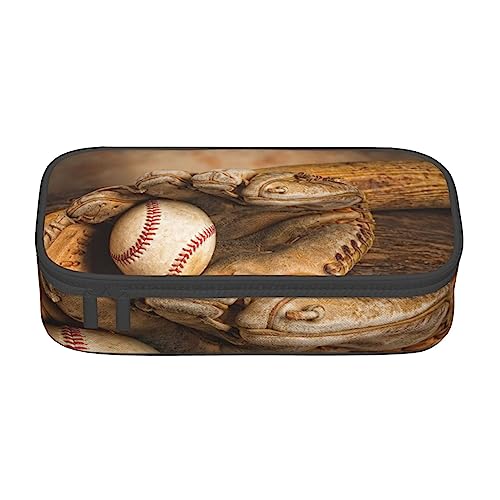 ZORIN Großes Federmäppchen, große Kapazität, Federmäppchen, Tasche, Vintage-Baseballschläger, Handschuh auf rustikalem Holz, tragbar, Schulbedarf, Make-up-Tasche, geeignet für Schule, Büro, Studenten, von ZORIN