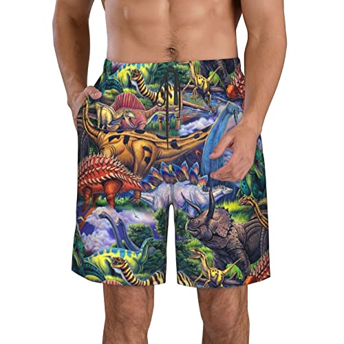 ZORIN Herren-Badehose, bunte Dinosaurier-Jurassic-Badehose, schnell trocknend, athletisch mit Netzfutter und Taschen, weiß, XL von ZORIN