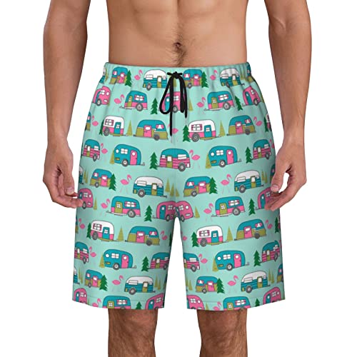 ZORIN Herren Badehose Badeshorts Happy Camper Camping Flamingo Minzgrün 3D Boardshorts Schnell Trocknen Strandhose, Schwarz , 56 von ZORIN