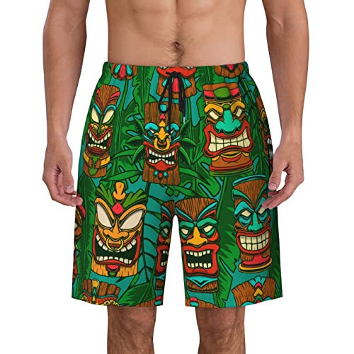 ZORIN Herren Badehose Badeshorts Tiki Idols und Palm Leaves 3D Board Shorts Schnell Trocknen Strandhose, Schwarz , L/XL von ZORIN