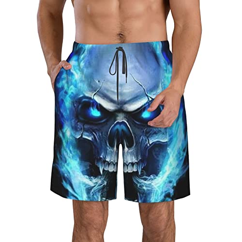 ZORIN Herren Badehose Cool Skull Fire Blue Bademode Shorts Quick Dry Athletic mit Netzfutter und Taschen, weiß, 56 von ZORIN