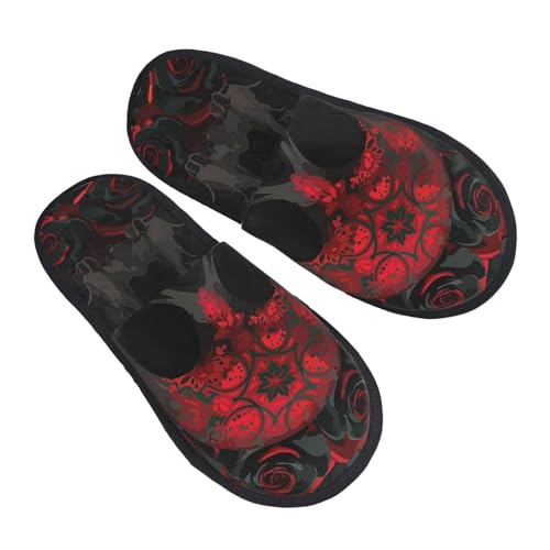 ZORIN Plüsch Hausschuhe Slip On Casual Furry Hausschuhe Schwarz Und Rot Schädel Anti-Skid Haus Slipper Schlafzimmer Schuhe Für Frauen Männer, Schwarz , Medium von ZORIN