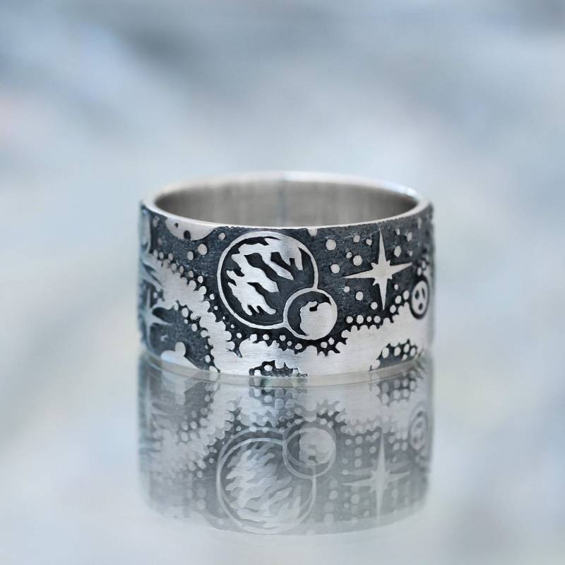 Weltraum Ring - Des Planeten Schmuck Eines Kometen Zeichnung Breiter Handgemachter Autors von ZORINAjewelryArt