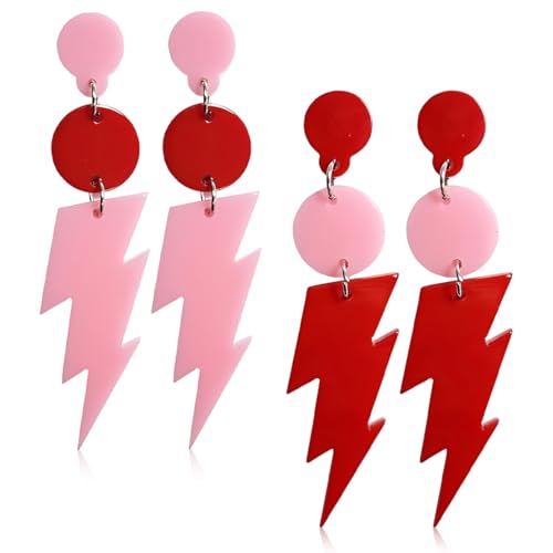 ZORTVUL 2 Paar 80Er 90Er Jahre Blitz Bolzen Ohrringe Retro Acryl Ohrringe 80Er Jahre Vintage Ohrringe Für Mottoparty Kostüm Party Maskerade Frau Mädchen(Rot, Rosa) von ZORTVUL