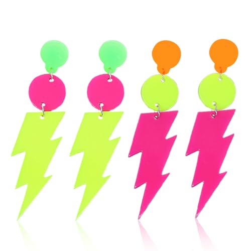 ZORTVUL 2 Paar 80Er 90Er Jahre Blitz Bolzen Ohrringe Retro Acryl Ohrringe Neon Ohrringe Damen 80Er Jahre Ohrringe Frauen Vintage Ohrringe Für Mottoparty Kostüm Party Maskerade Frau Mädchen von ZORTVUL