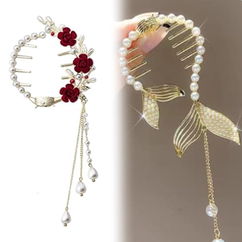 ZORTVUL 2 Stück Perle Rose Haarklammer Quaste Pille Haarspangen Damen Modisch Elegant Metall Haarspange Pferdeschwanz Schnalle Vintage Rot Rose Blumen Perlen Haarklammern Für Frauen Mädchen von ZORTVUL