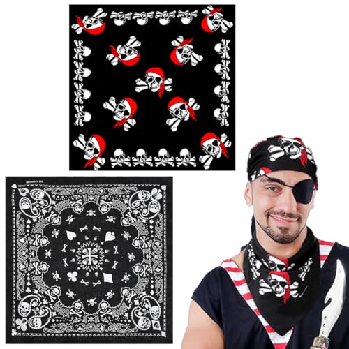ZORVUJI 2 Stück Halloween Schädel Paisley Bandanas, Totenkopf Stirnband Kopftücher, Piraten Bandana, Doppelseitigem Weiß Totenkopf Bandanas für Herren Damen Kostüm Zubehör (Schwarz) von ZORVUJI