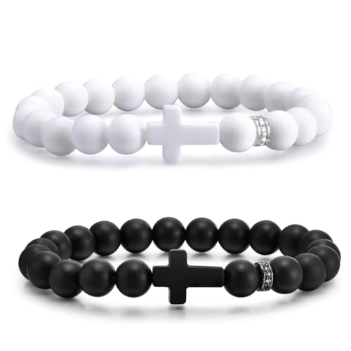 ZORVUJI 2 Stück Kreuz Armband Set, Mattiertes Jesus Kreuz Perlenarmband, Rosenkranz Armband für Damen Herren, Christliches Schmuck Geschenk in Schwarz und Weiß von ZORVUJI