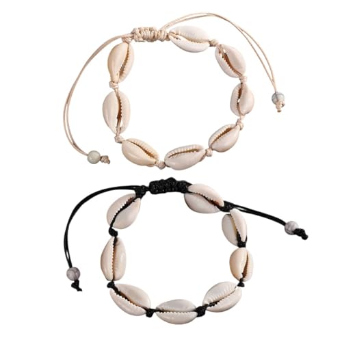 ZORVUJI 2er Set Muschelarmband Damen, Handgemachte Verstellbare Armbänder Aus Natürlicher Kaurimuschel, Sommer Strandstil Schmuck (Schwarz & Weiß) von ZORVUJI