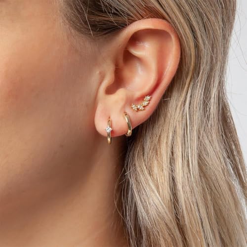 ZORVUJI 3 Paar Ohrringe Set Hypoallergen für Damen Mädchen, 14K Vergoldet Creolen, Blatt Schmetterling Zirkonia Ohrstecker, Klein Schlafen Knorpel von ZORVUJI