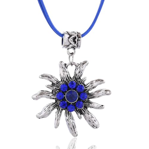 ZORVUJI Edelweiß Halskette Damen Trachtenschmuck Dirndlschmuck Kette Oktoberfest Accessoire Bayerisch Traditionell (Silber-Dunkelblau) von ZORVUJI