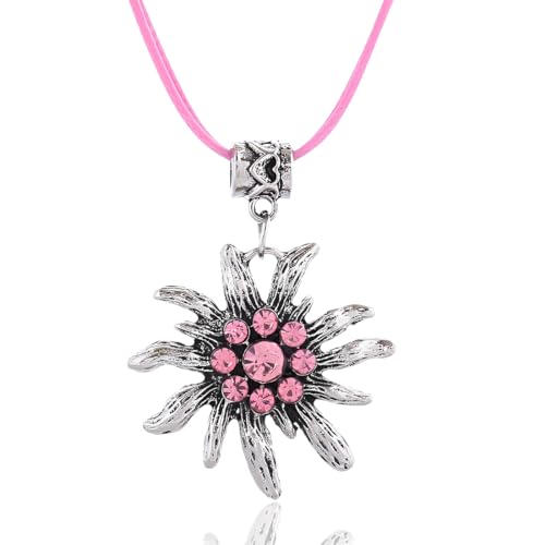 ZORVUJI Edelweiß Halskette Damen Trachtenschmuck Dirndlschmuck Kette Oktoberfest Accessoire Bayerisch Traditionell (Silber-Rosa) von ZORVUJI