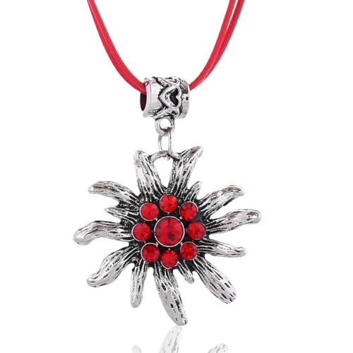 ZORVUJI Edelweiß Halskette Damen Trachtenschmuck Dirndlschmuck Kette Oktoberfest Accessoire Bayerisch Traditionell (Silber-Rot) von ZORVUJI