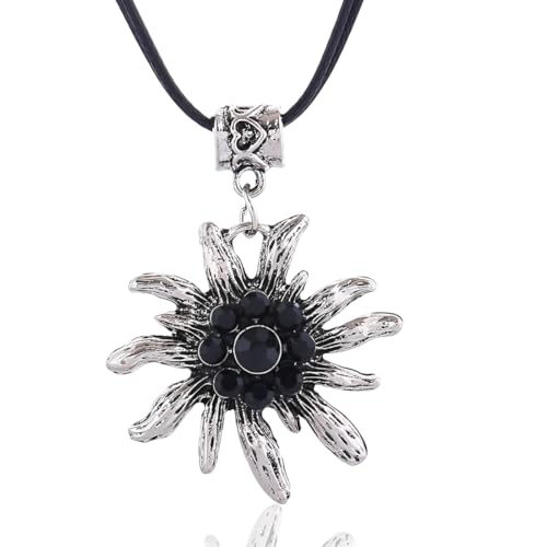 ZORVUJI Edelweiß Halskette Damen Trachtenschmuck Dirndlschmuck Kette Oktoberfest Accessoire Bayerisch Traditionell (Silber-Schwarz) von ZORVUJI