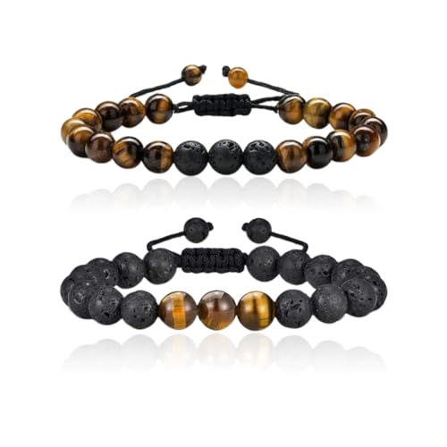 ZORVUJI Perlenarmband Herren Verstellbares Stretch-Armband mit 8 mm Tigerauge und Schwarzem Achat Elegantes Design für Männer von ZORVUJI