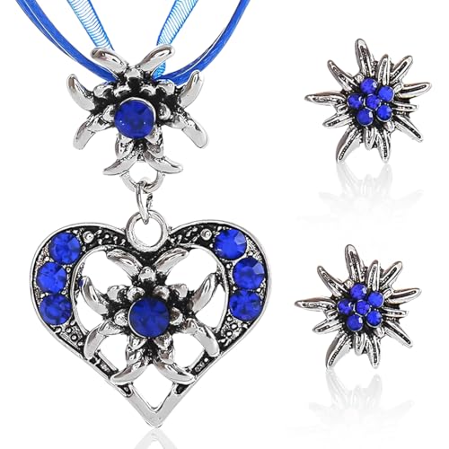 ZORVUJI Trachtenschmuck Damen Set Edelweiß Kette mit Herz Anhänger und Ohrringe Dirndlschmuck Oktoberfest Accessoires für Dirndl Outfit (Silber-Dunkelblau) von ZORVUJI