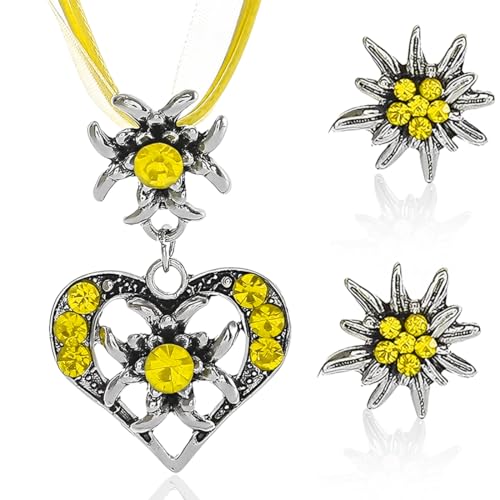 ZORVUJI Trachtenschmuck Damen Set Edelweiß Kette mit Herz Anhänger und Ohrringe Dirndlschmuck Oktoberfest Accessoires für Dirndl Outfit (Silber-Gelb) von ZORVUJI