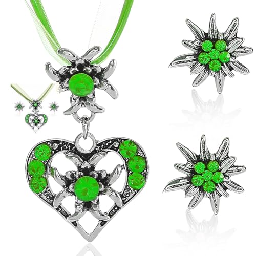 ZORVUJI Trachtenschmuck Damen Set Edelweiß Kette mit Herz Anhänger und Ohrringe Dirndlschmuck Oktoberfest Accessoires für Dirndl Outfit (Silber-Grün) von ZORVUJI