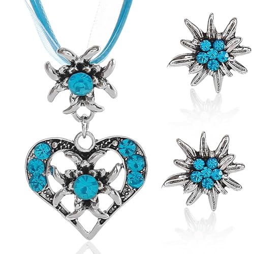 ZORVUJI Trachtenschmuck Damen Set Edelweiß Kette mit Herz Anhänger und Ohrringe Dirndlschmuck Oktoberfest Accessoires für Dirndl Outfit (Silber-Hellblau) von ZORVUJI