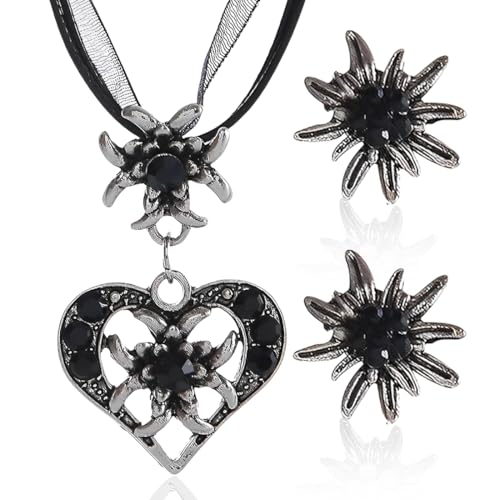 ZORVUJI Trachtenschmuck Damen Set Edelweiß Kette mit Herz Anhänger und Ohrringe Dirndlschmuck Oktoberfest Accessoires für Dirndl Outfit (Silber-Schwarz) von ZORVUJI