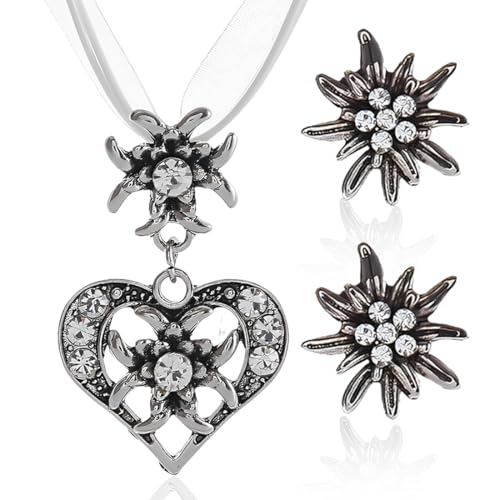 ZORVUJI Trachtenschmuck Damen Set Edelweiß Kette mit Herz Anhänger und Ohrringe Dirndlschmuck Oktoberfest Accessoires für Dirndl Outfit (Silber-Weiß) von ZORVUJI