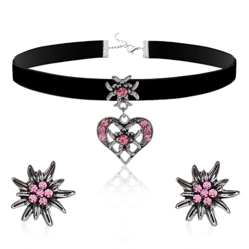 ZORVUJI Trachtenschmuck Damen Set Edelweiß Kropfband Samt Halskette Ohrringe Dirndl Schmuck Oktoberfest Accessoires Bayerisch (Rosa) von ZORVUJI