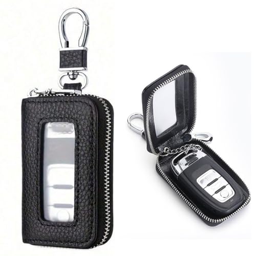 ZORVYN 1 Stück Auto Schlüsselanhänger Hülle aus Leder, Schlüsselmäppchen,Autoschlüsselhalter Reißverschlusstasche transparentes Fenster Autoschlüsselhülle Schutz für Männer und Frauen von ZORVYN
