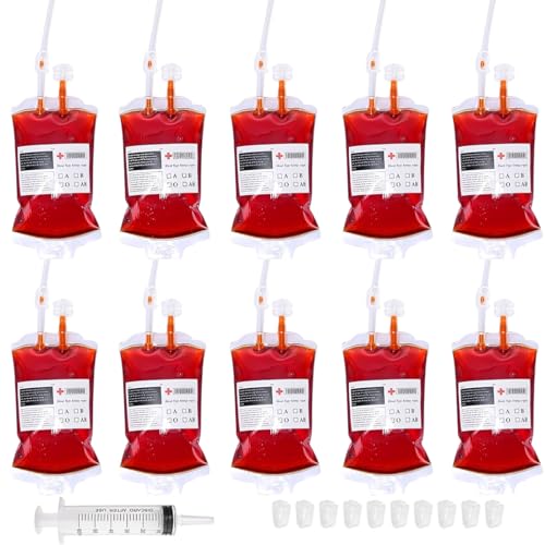 ZORVYN 10 Stück Halloween Blutbeutel zum Trinken mit Clips, Blutart Aufkleber und Fast Füllen Spritze, Perfekt für Cosplay, Vampire, Zombie Party, Krankenschwester Requisit, Kostüm Dekoration von ZORVYN