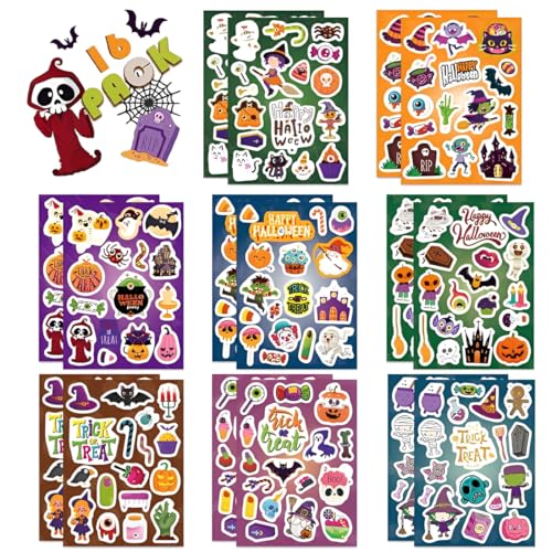 ZORVYN 16 Blätter Halloween Sticker für Kinder Gruselige Aufkleber mit Kürbis Hexe als Deko für Party Mitgebsel Geschenk von ZORVYN