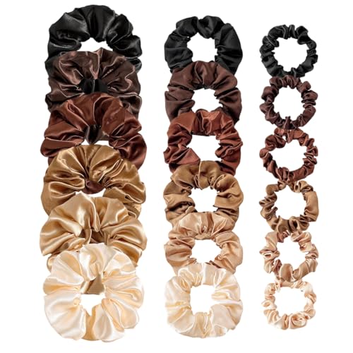 ZORVYN 18-er Set Satin-Haargummis aus Seidensatin-Stoff: 6 Farben × 3 Größen – bunte, weiche elastische Scrunchies im Pferdeschwanzhalter-Design für Damen, Frauen und Mädchen. von ZORVYN